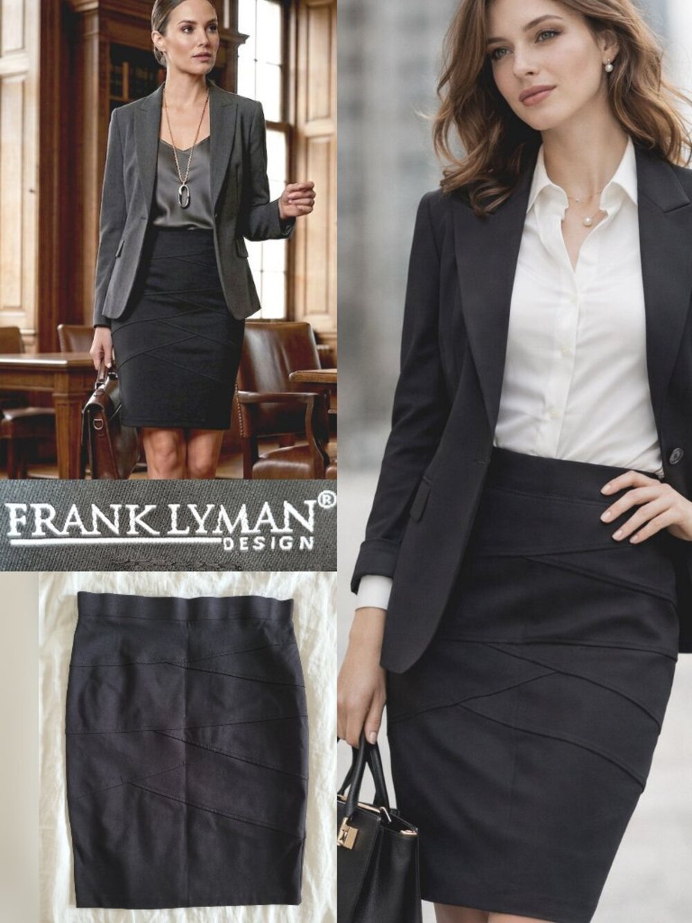Frank Lyman Black Bandage Pencil Skirt Diagonal Panel Bodycon Size 6